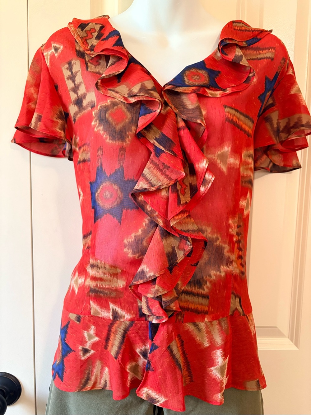 Chaps Red Ikat-Print Ruffle Front Short-Sleeve Blouse, size XL